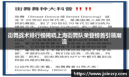 街舞战术排行榜揭晓上海街舞队荣登榜首引领潮流